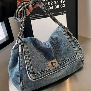Denim Shoulder Bag with Chain Strap
